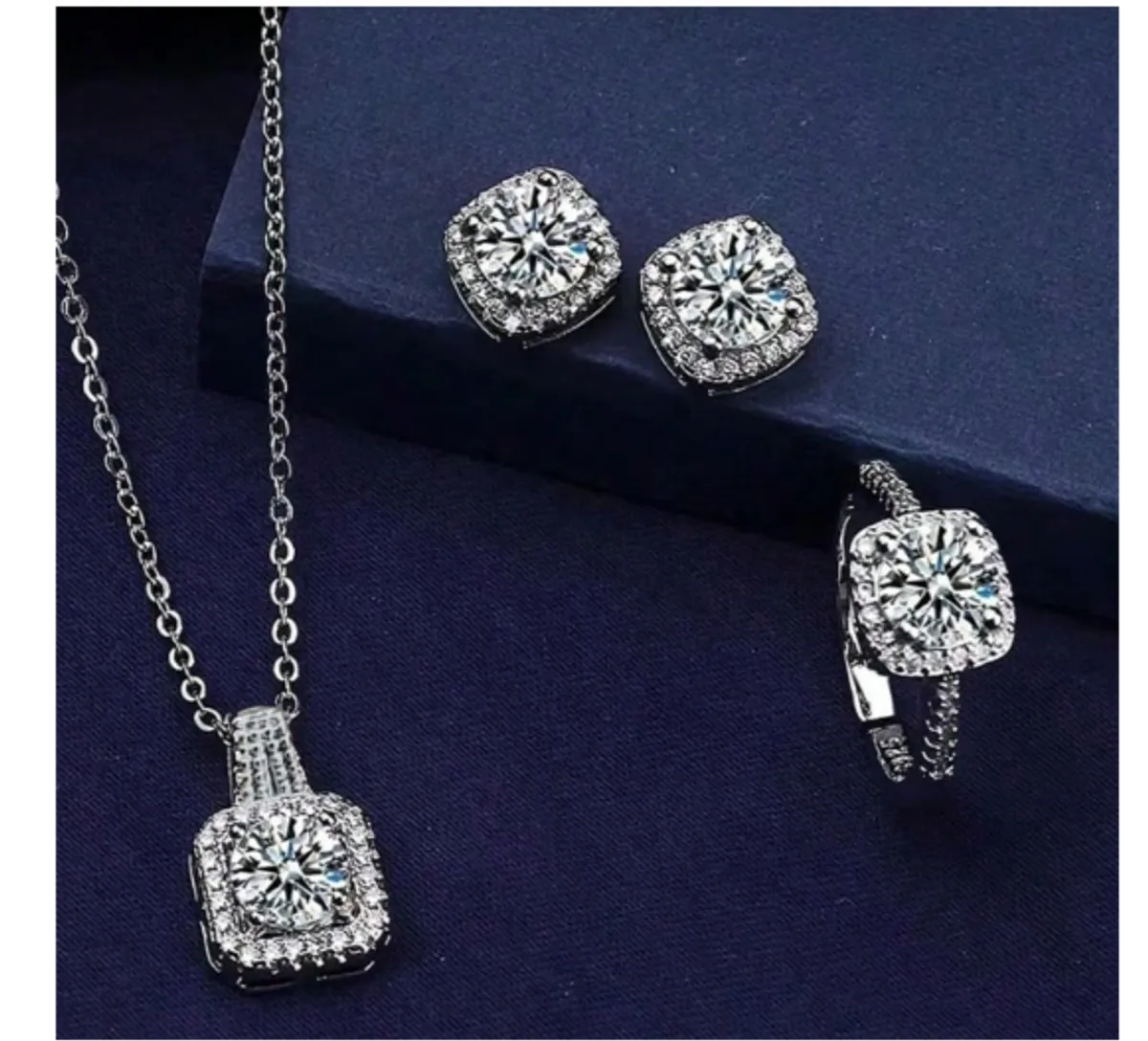 4pcs/Set Cuboid Shiny Zirconia Inlaid Stud Earrings & Pendant Necklace & Ring Elegant Luxury Style Delicate Female Gift