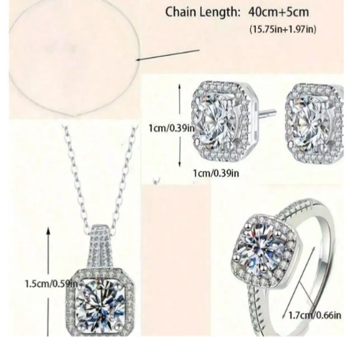 4pcs/Set Cuboid Shiny Zirconia Inlaid Stud Earrings & Pendant Necklace & Ring Elegant Luxury Style Delicate Female Gift