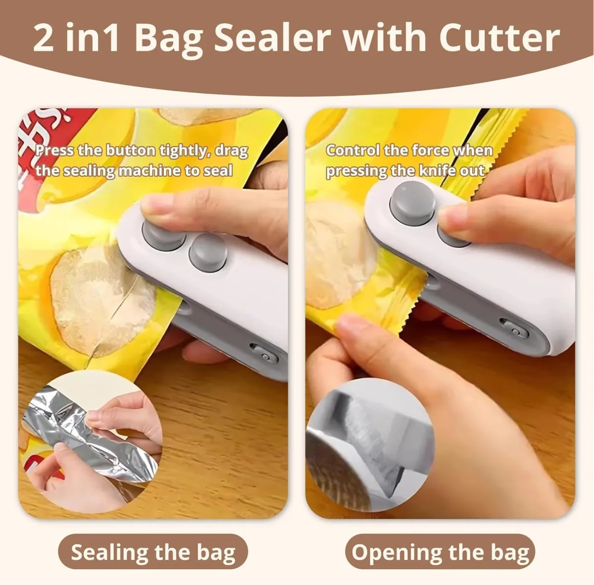 Mini Bag Sealer, 2-in-1 Rechargeable Mini Heat Sealer & Cutter, Magnetic Portable Plastic Bag Sealer for Snacks, Chips, Food Freshness Storage (White)