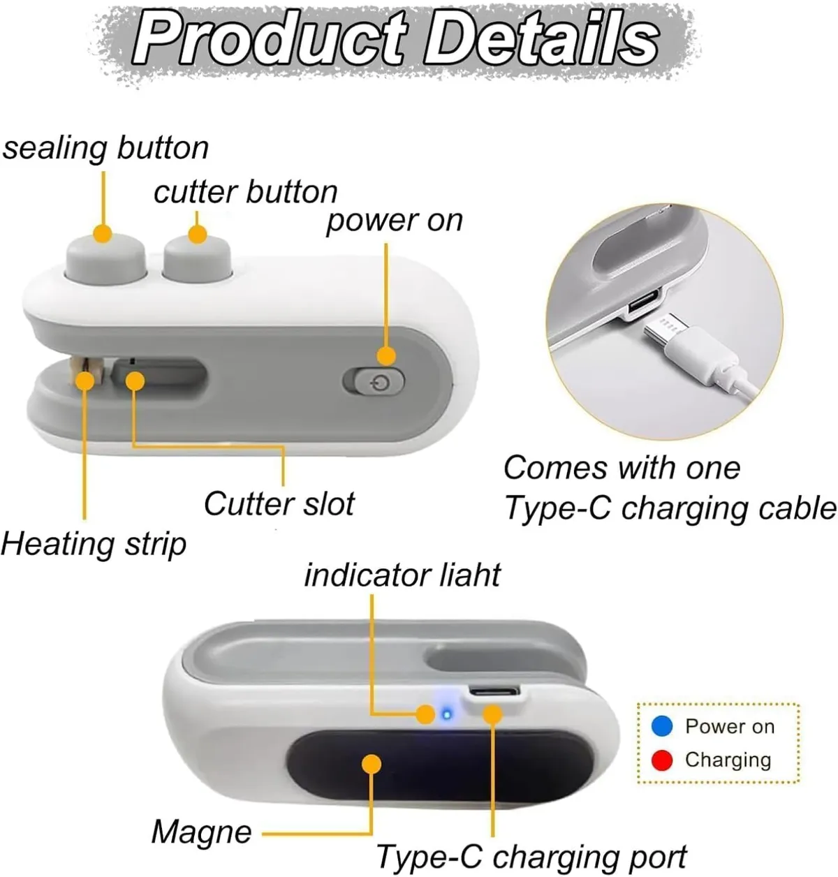 Mini Bag Sealer, 2-in-1 Rechargeable Mini Heat Sealer & Cutter, Magnetic Portable Plastic Bag Sealer for Snacks, Chips, Food Freshness Storage (White)