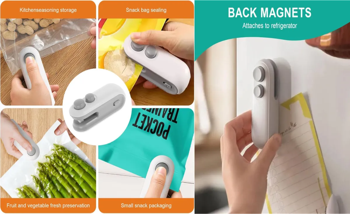 Mini Bag Sealer, 2-in-1 Rechargeable Mini Heat Sealer & Cutter, Magnetic Portable Plastic Bag Sealer for Snacks, Chips, Food Freshness Storage (White)
