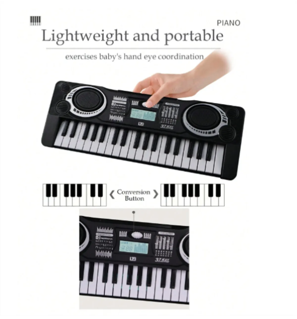 37-Key Electronic Music Piano Toy, Children Educational Intelligent Multifunctional Simulated Piano, Keyboard Parent-Child Interactive- Black, Small, 13.5 inches, age 3+
