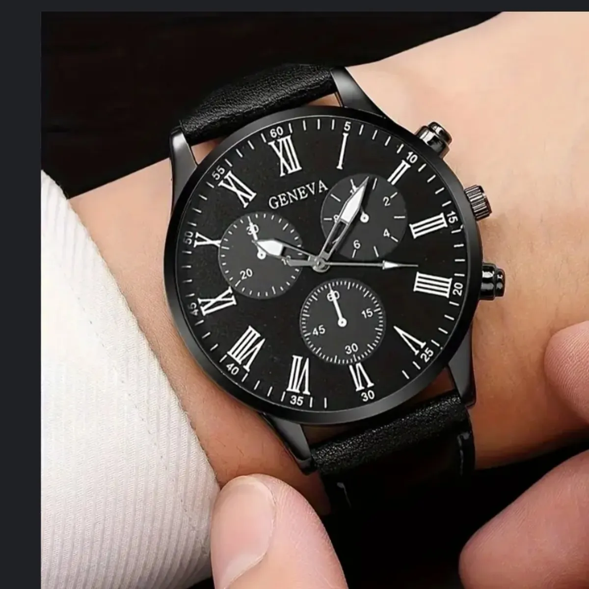 1pc Men's  Geneva Black Quartz Watch PU Leather Strap