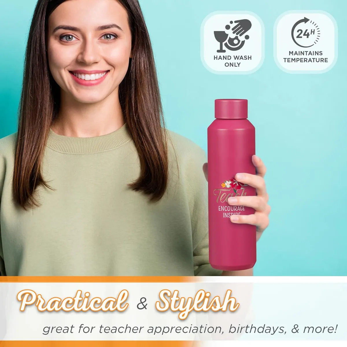 Teach, Encourage, Inspire Fuchsia Pink Stainless Steel Water Bottle