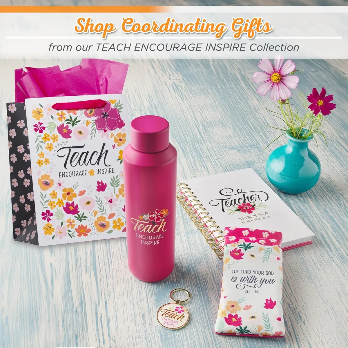 Teach, Encourage, Inspire Fuchsia Pink Stainless Steel Water Bottle