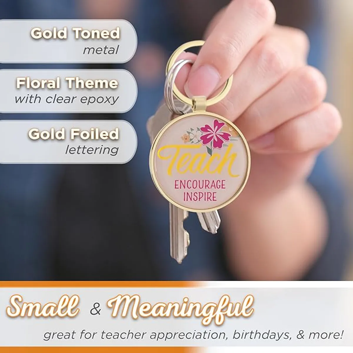 Teach, Encourage, Inspire Pink Epoxy-coated Metal Keychain - Zephaniah 3:17
