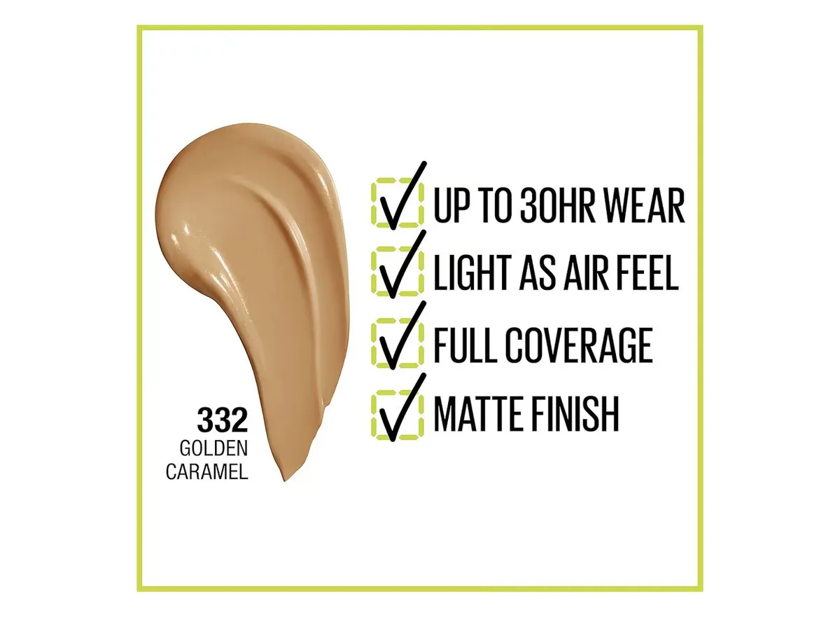 Maybelline Super Stay Full Coverage Liquid Foundation Active Wear Makeup, Up to 30Hr Wear Golden Caramel, 332
