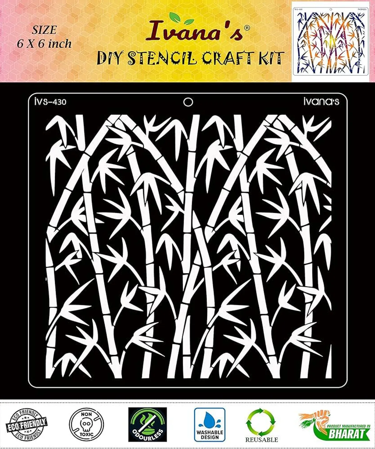 Ivana's Bamboo Design Stencil for Art & Craft, Reusable DIY Decorative Stencil for Painting on Canvas, Fabric, Cloth, Paper, Glass, Furniture and Wall, Black