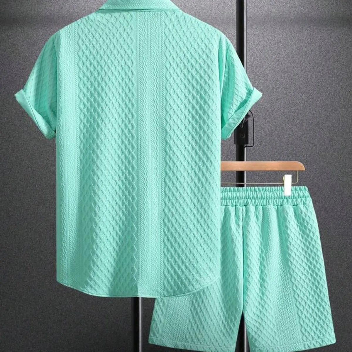 Men's Mint Green Vacation Casual Style Jacquard Knit Short-Sleeve Shirt And Shorts Set  -Size S