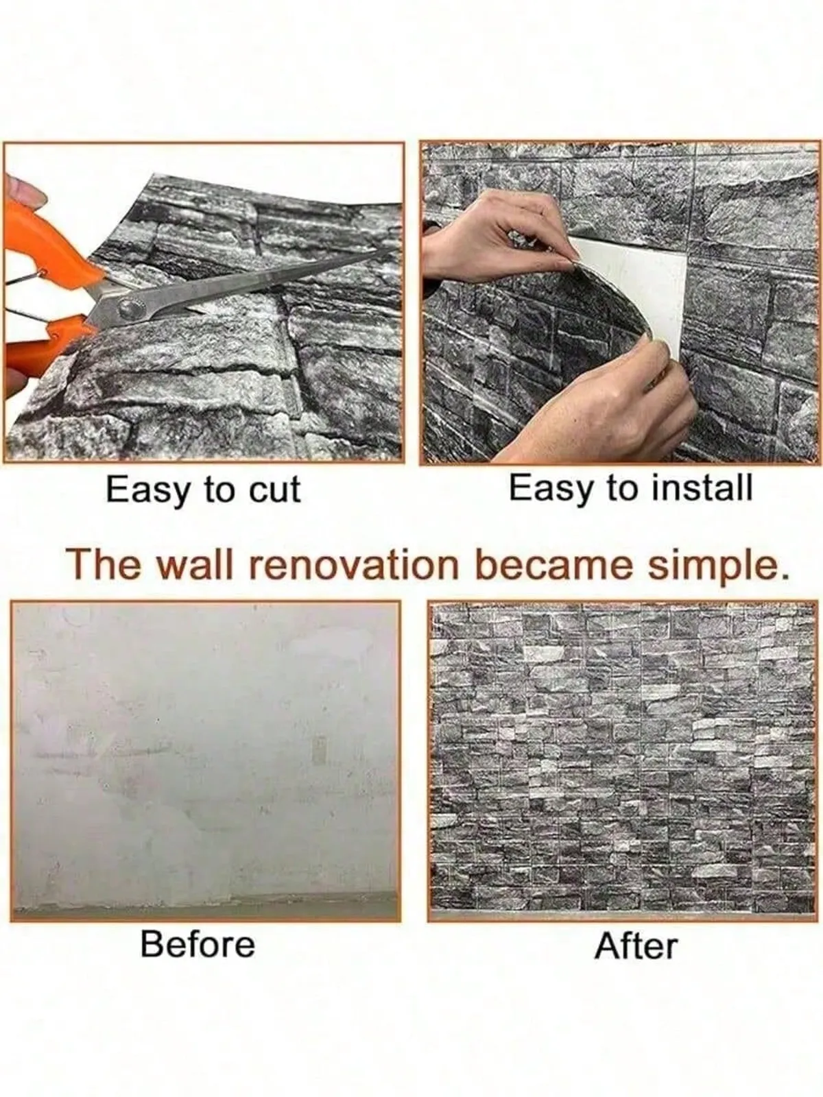 1Pc 3D Wall Panel Wallpaper Peel Self Adhesive Grey Stone Rock Design