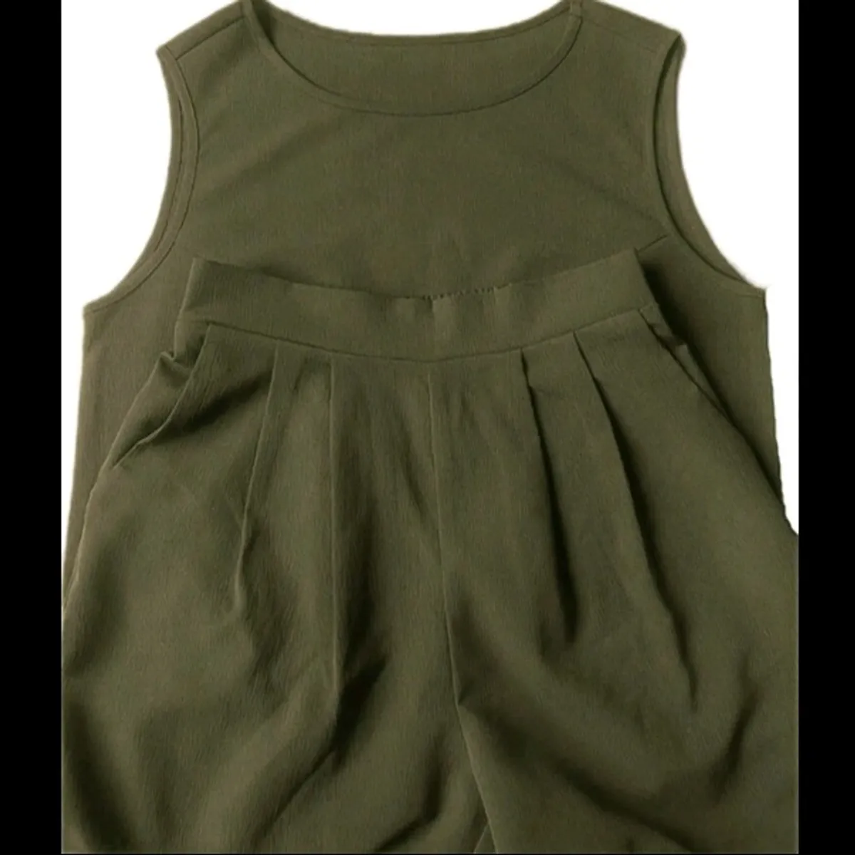 2pcs Simple Army Green Casual Pants And Vest Set - Size S