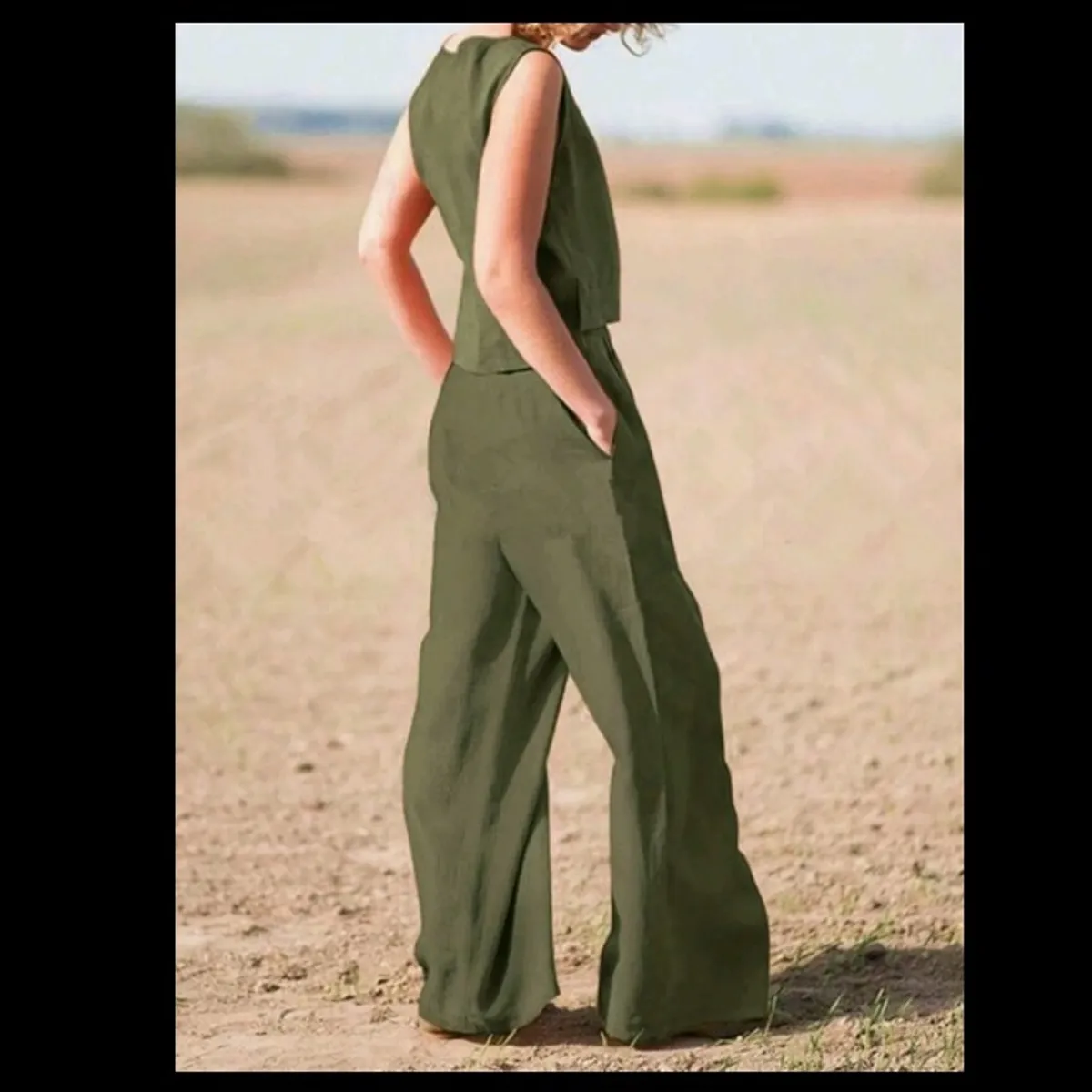 2pcs Simple Army Green Casual Pants And Vest Set - Size S