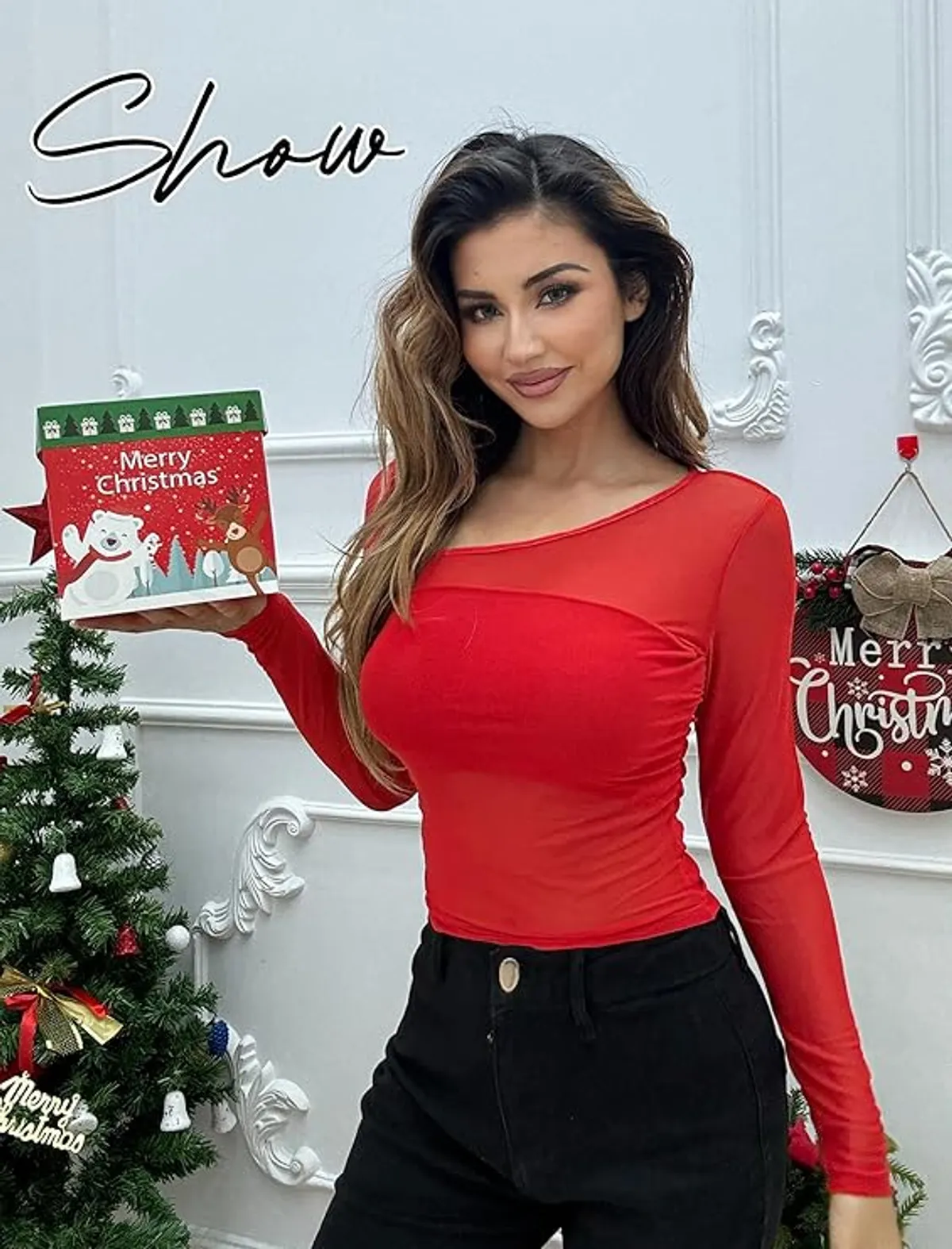 Avidlove Red Mesh Top Women Sexy Long Sleeve Asymmetrical Neck Sheer Fitted Crop Top y2k Size L.