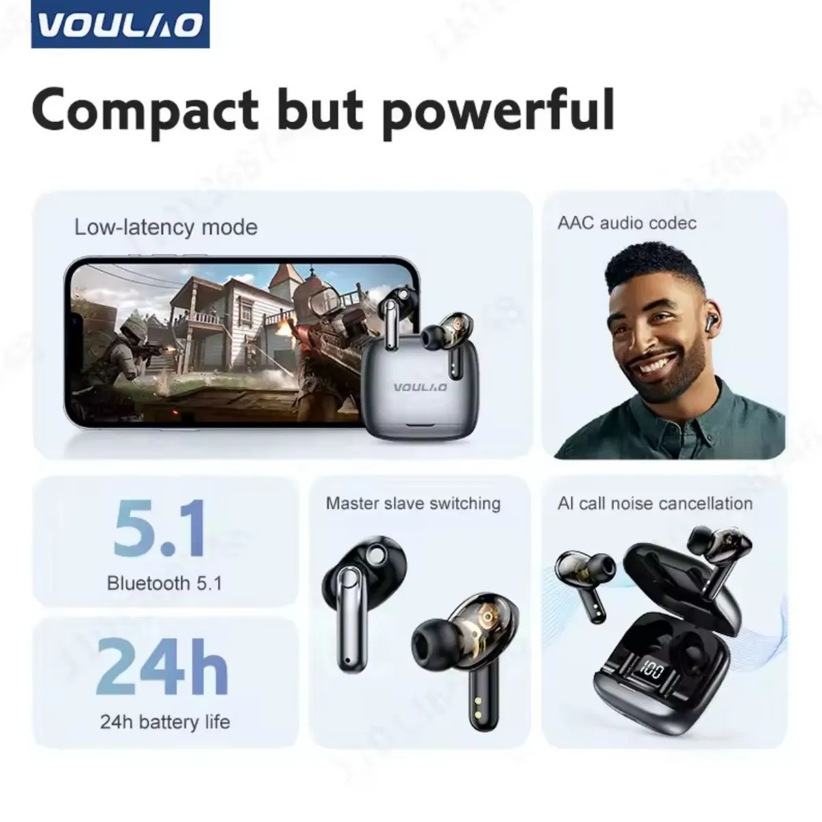 VOULAO TWS 5.1 Black Bluetooth Earbuds
