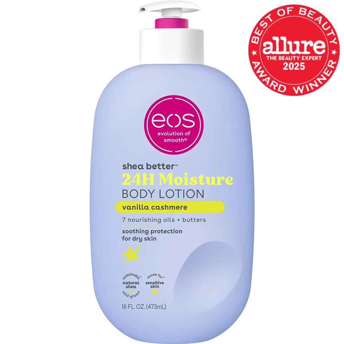 eos Shea Better Body Lotion Vanilla Cashmere, 24-Hour Moisture Skin Care, Lightweight & Non-Greasy, Natural Shea, Vegan, Vanilla Body Lotion, 16 fl oz