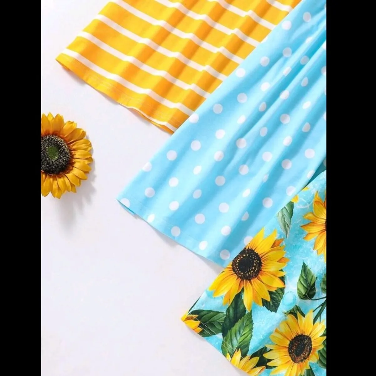 3pcs/Set Tween Girls Striped Polka Dots Sunflower Pattern Printed Casual Short Sleeve Dress - Size 12Y