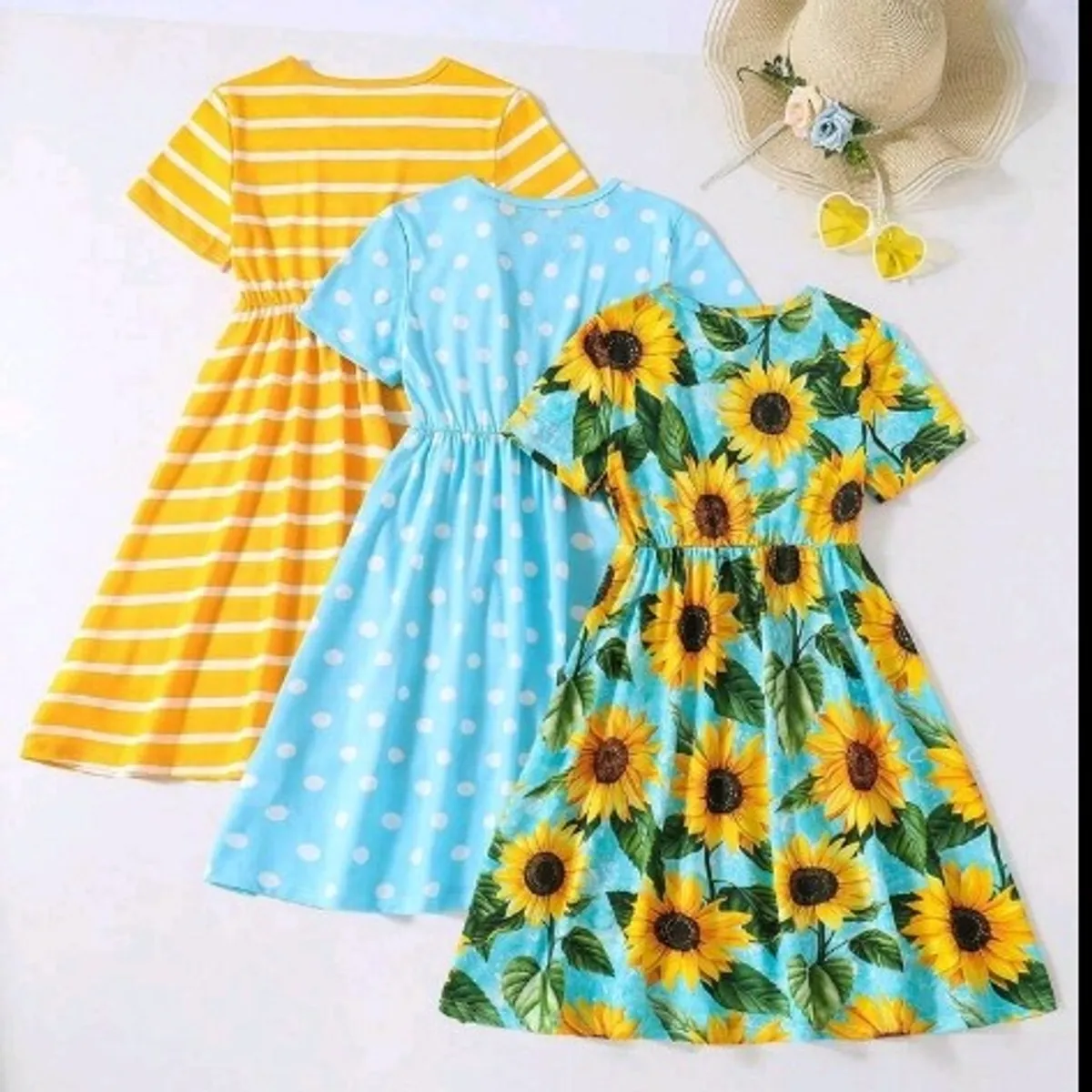 3pcs/Set Tween Girls Striped Polka Dots Sunflower Pattern Printed Casual Short Sleeve Dress - Size 12Y