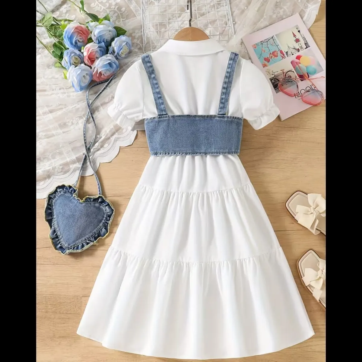 Bubble Sleeve Dress for Girls Paired with a Faux Denim Suspender Top And a Faux Denim Bag - Size: 12Y