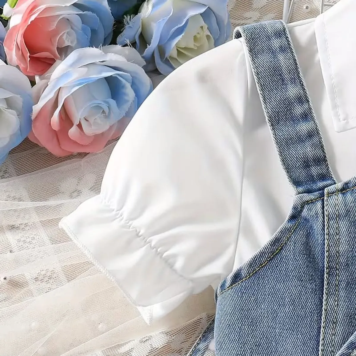 Bubble Sleeve Dress for Girls Paired with a Faux Denim Suspender Top And a Faux Denim Bag - Size: 12Y