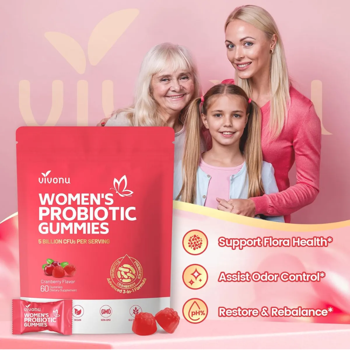 VivoNu Probiotic for Women, Women Probiotic Gummies, Feminine Balance Gummies, Cranberry Probiotics for Woman Vaginal Health, Yeast Ph Balance  - 60 Gummies