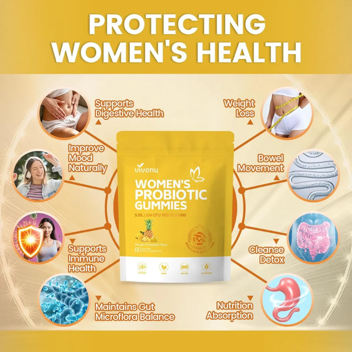 Vivonu Probiotic for Women, Women Probiotic Gummies, Feminine Balance Gummies, Mango Pineapple Probiotics for Woman Vaginal Health, Yeast Ph Balance  - 60 Gummies