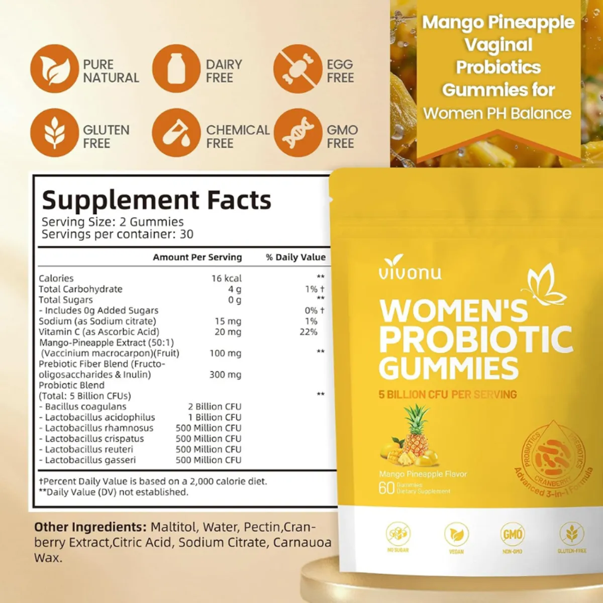 Vivonu Probiotic for Women, Women Probiotic Gummies, Feminine Balance Gummies, Mango Pineapple Probiotics for Woman Vaginal Health, Yeast Ph Balance  - 60 Gummies