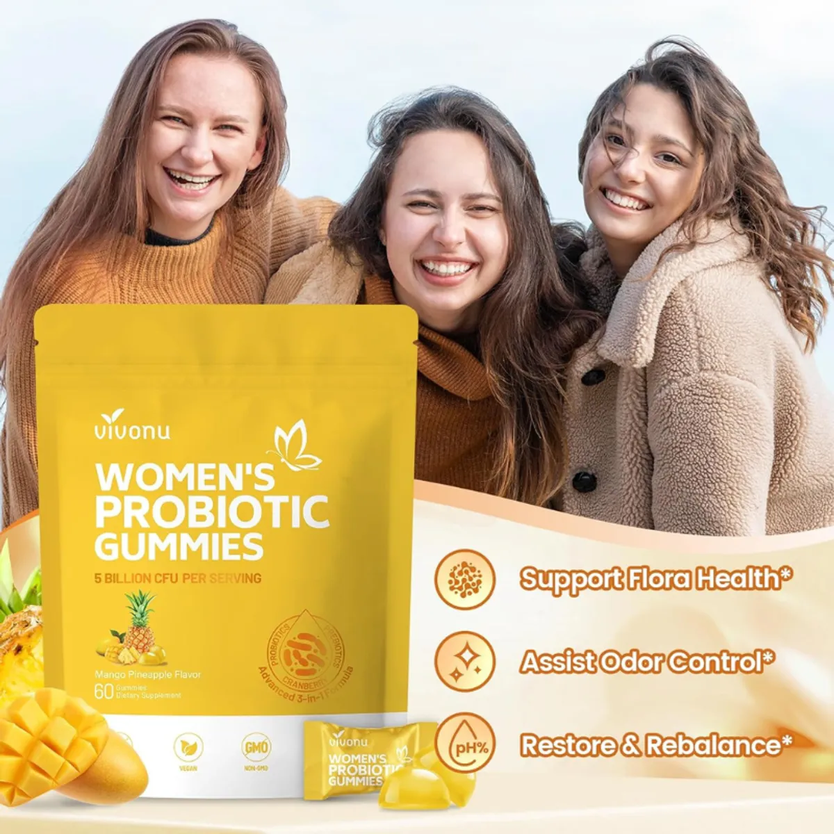 Vivonu Probiotic for Women, Women Probiotic Gummies, Feminine Balance Gummies, Mango Pineapple Probiotics for Woman Vaginal Health, Yeast Ph Balance  - 60 Gummies