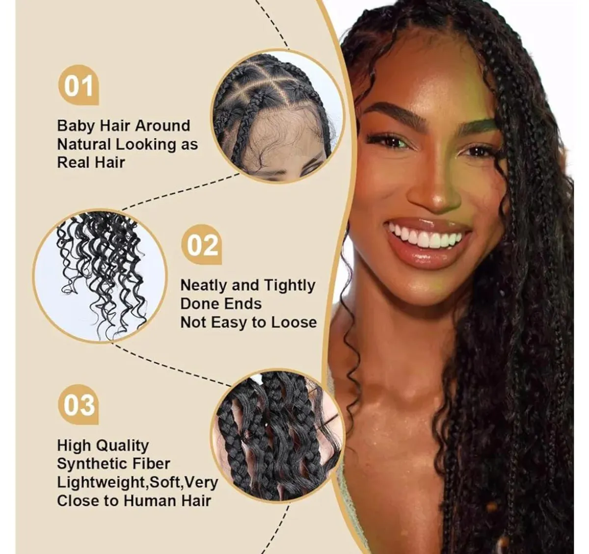 Santok 36 Inch Black Knotless Boho Box Braid Wigs, 360 