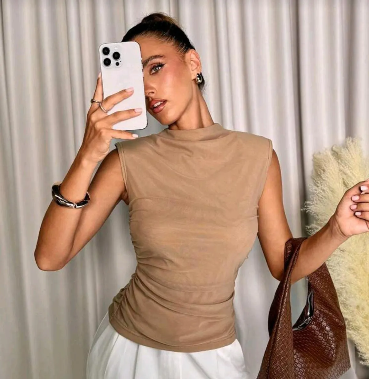 Women's Brown Casual Solid Color Ruched Slim Fit Camisole Tank Top - Size S