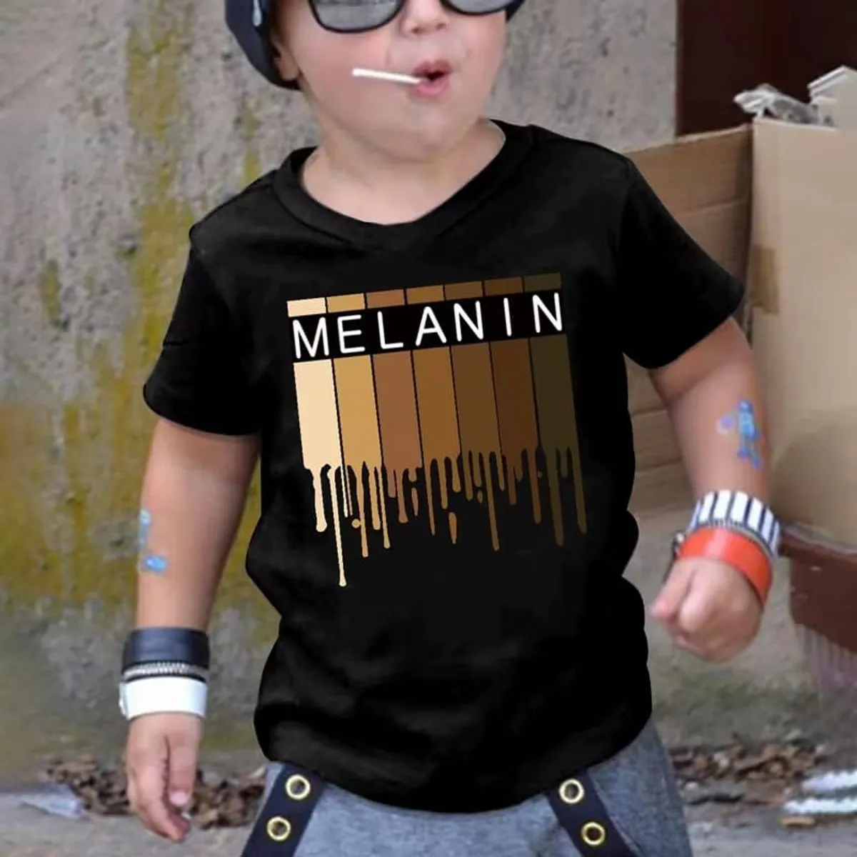 MELANIN Print Boy's Short Sleeve T-shirt - Size: M, Black