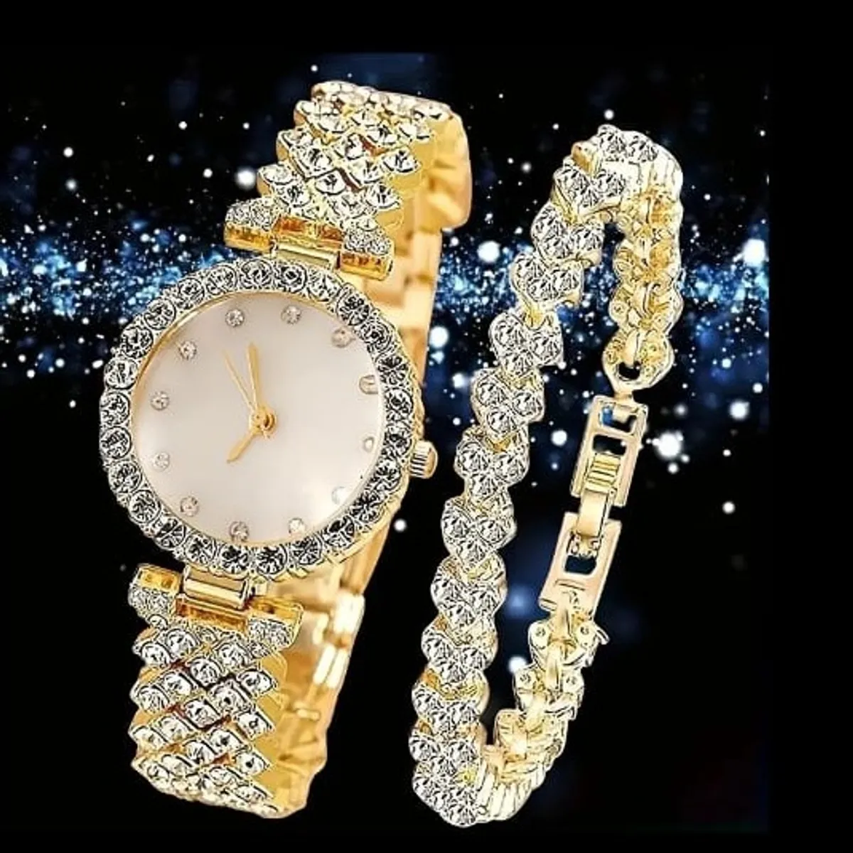 Women's 2pcs/SET Luxurious and Glamorous Golden Quartz Watch Set - Round Dial, with Bracelet Set