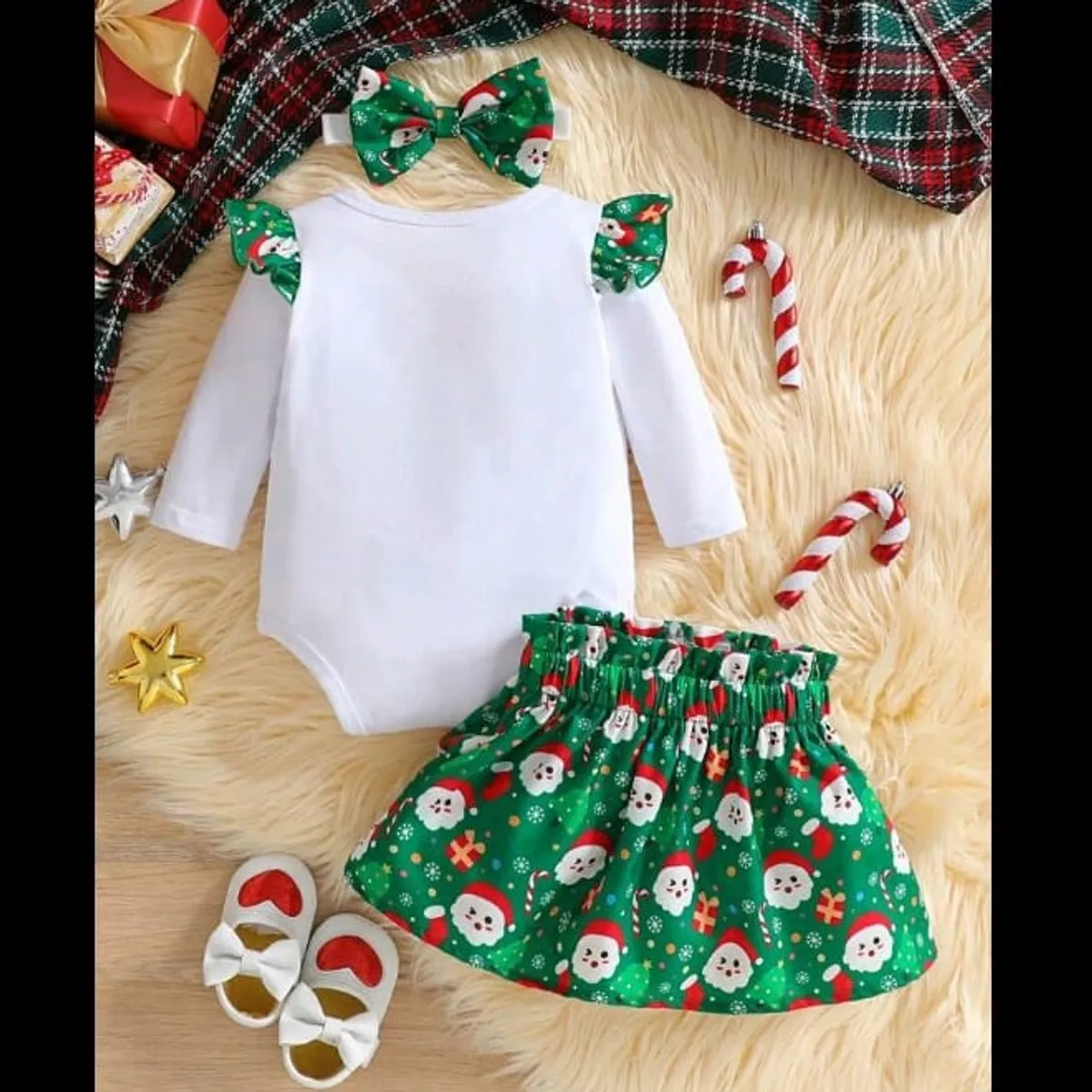 Baby Girls Christmas Outfit Set, Including Ruffled Neck Letter Graphic Bodysuit, Cartoon Santa Claus Print Skirt With Big Bow - Size 1-3M