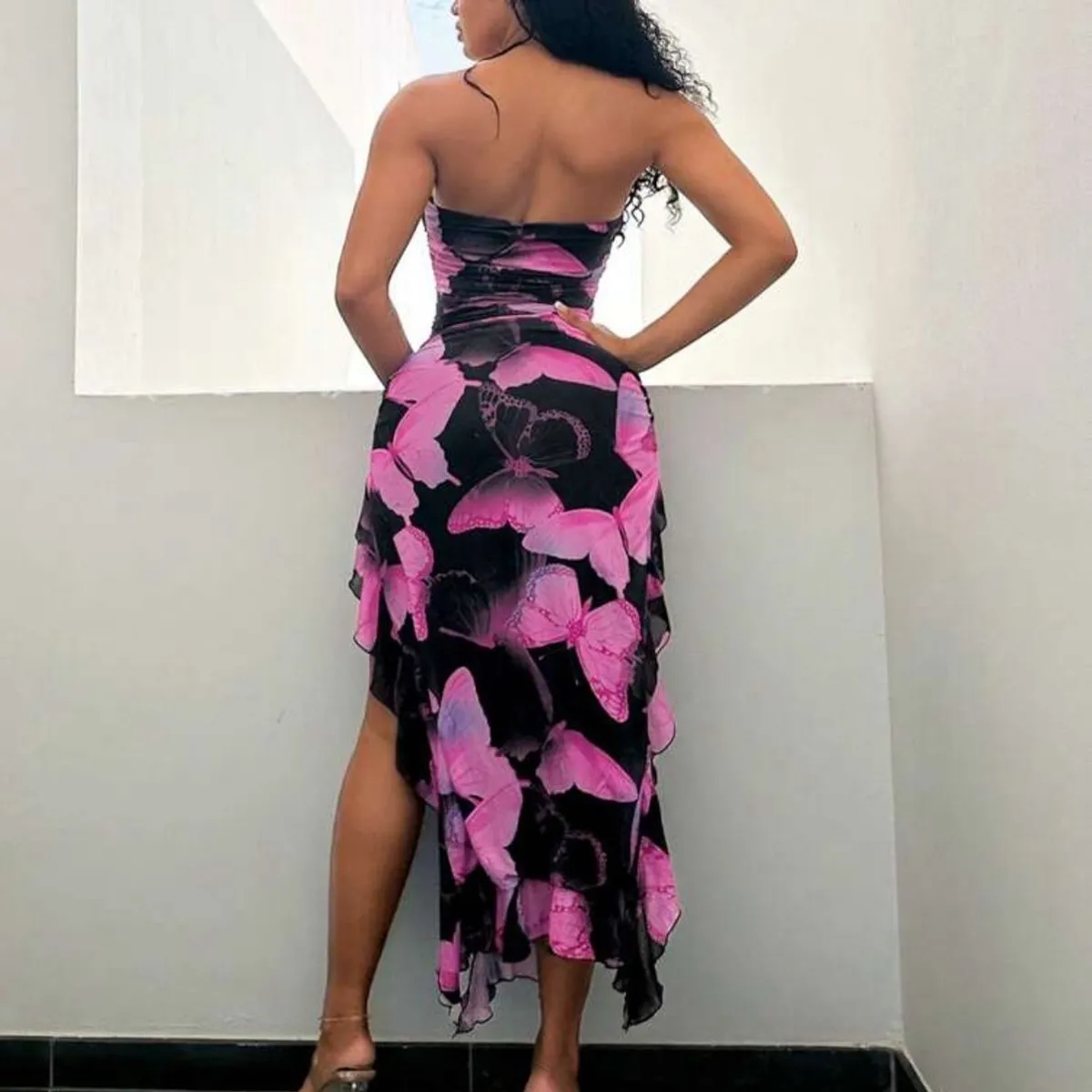Women's Black Summer Pink Butterfly Printed Strapless Bodycon Dress  -Size M