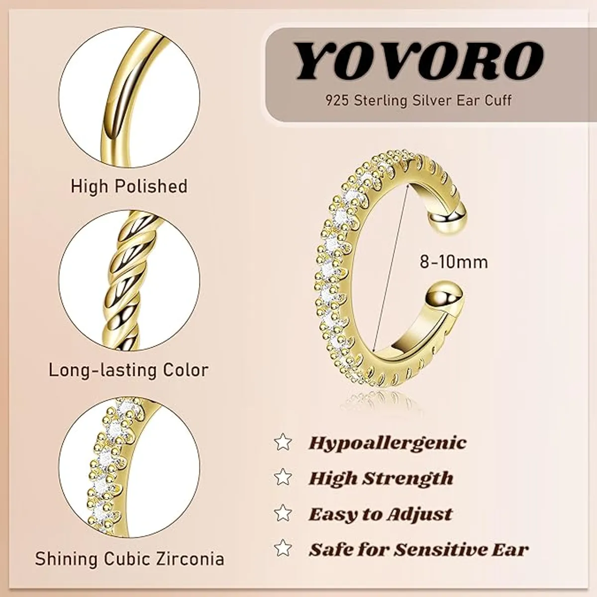 YOVORO 3Pcs 14K Gold Ear Cuff Earrings for Women Adjustable Non Piercing Ear Cuffs Sterling Silver Fake Earrings Clip on Cartilage Earring Ear Cuffs Jewelry