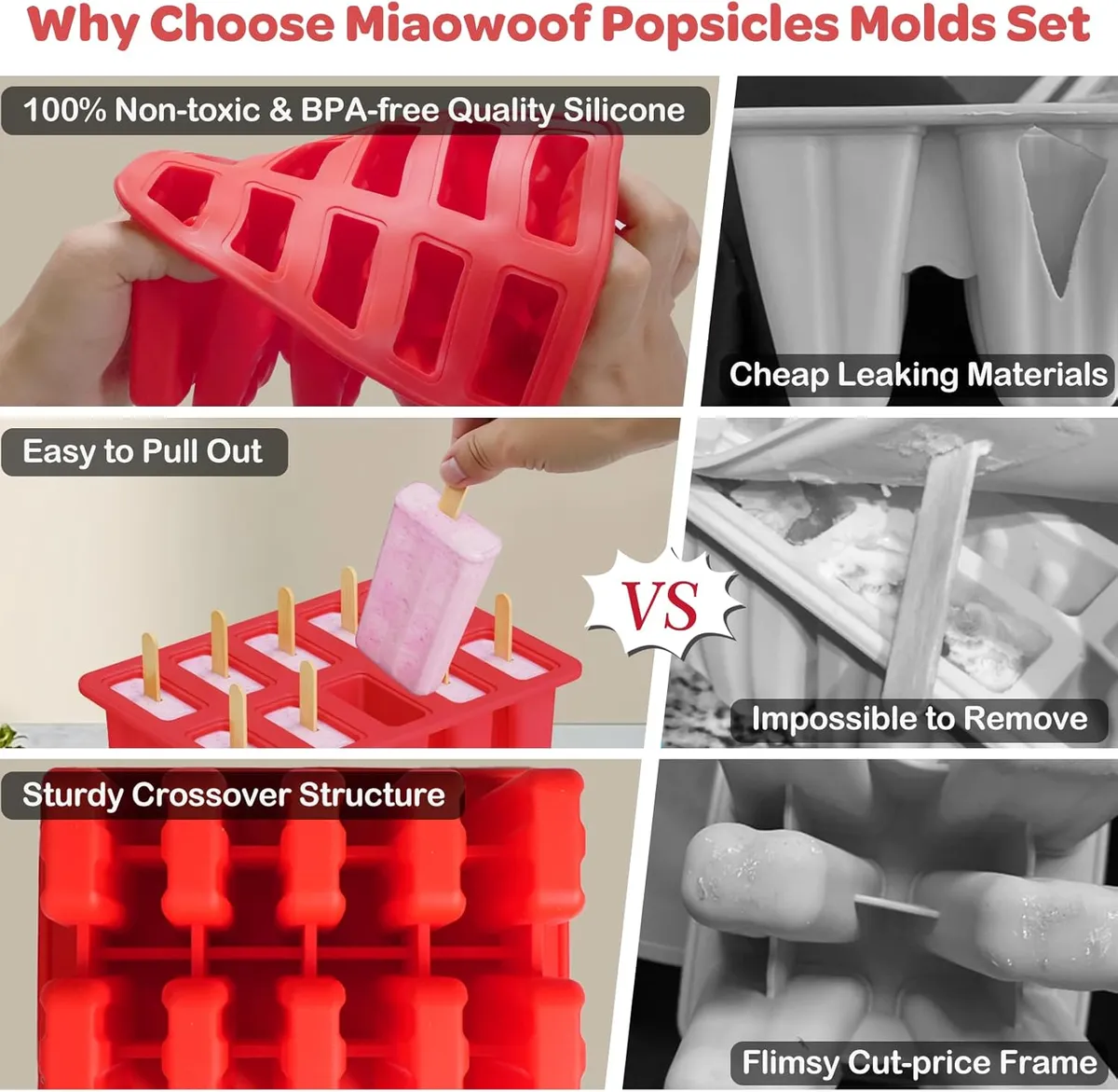 Miaowoof Homemade Popsicle Molds, 10-Cav Non-BPA Silicone Ice Pop Maker