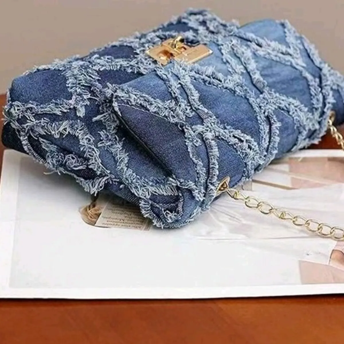 Women's  Blue Distressed Denim Crossbody Bag