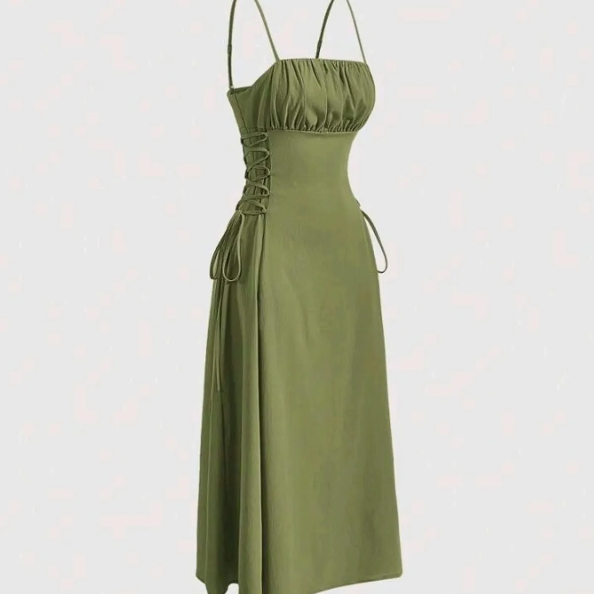 Women's Green Ruched Bust Lace Up Side Cami Dress-Size L