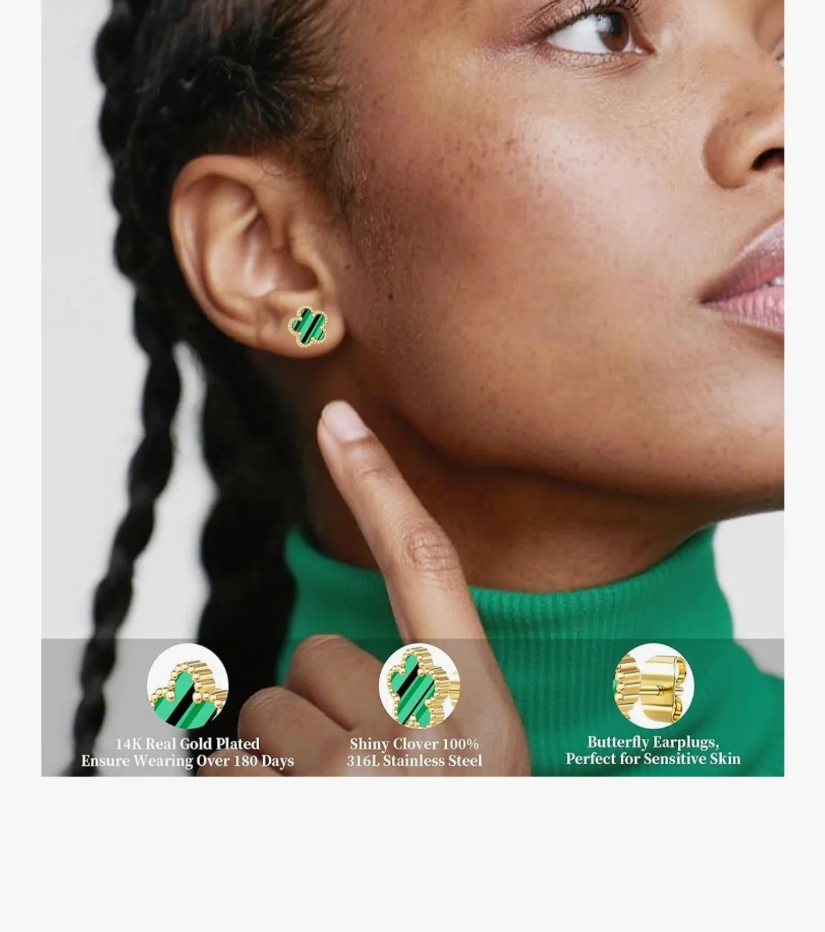 14k clover earrings, Green