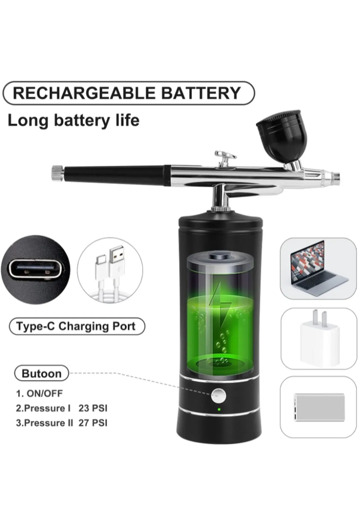 USB Rechargeable  Airbrush Kit: Portable, Versatile, And Safe Compressor for Crafts, Tattoos, Cake Decorating & More with Cleaning Kit