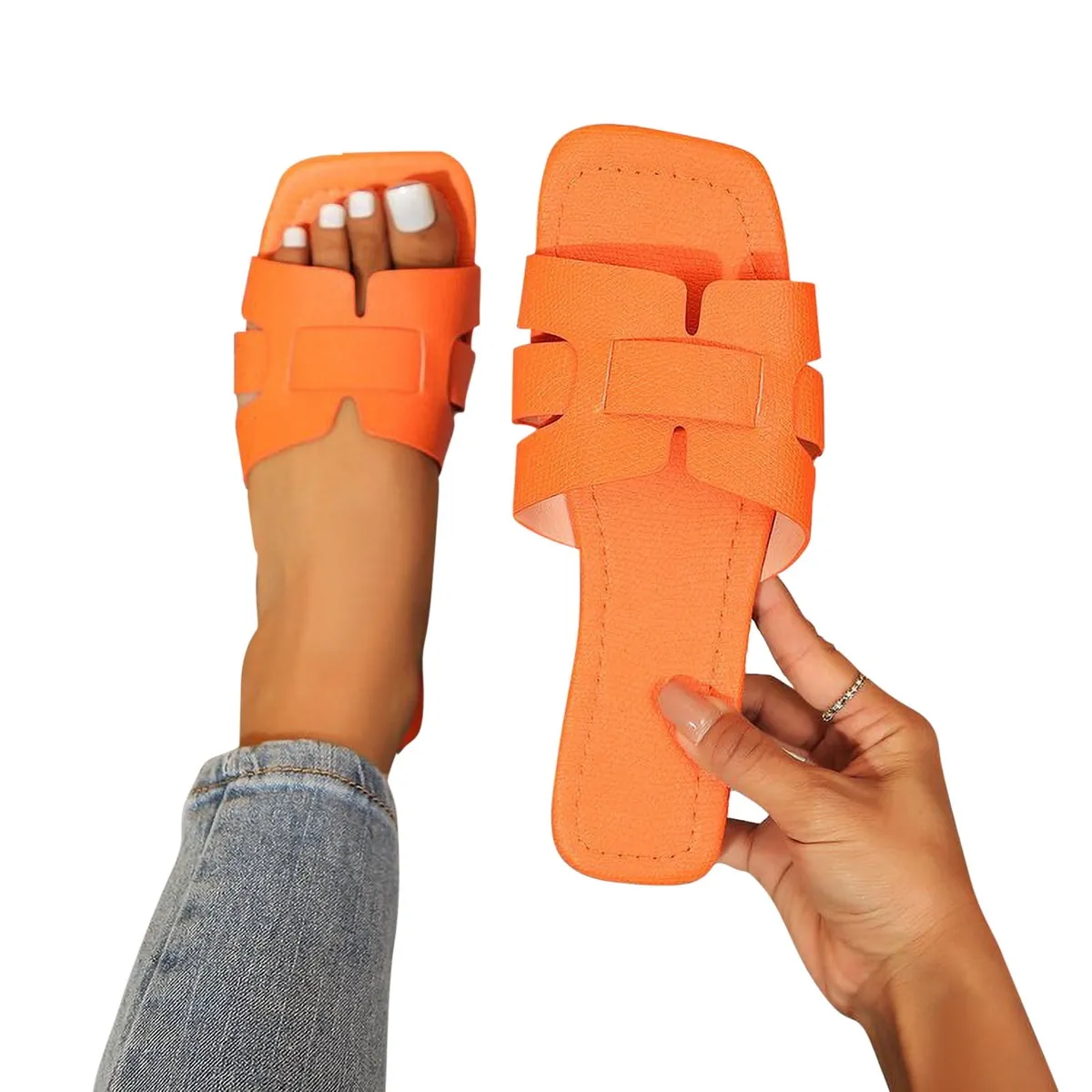 Women's Rectangle Toe Casual Flat Sandals Solid Color Open Toe Non Slip Shoes Outdoor Versatile Slippers-Size 9