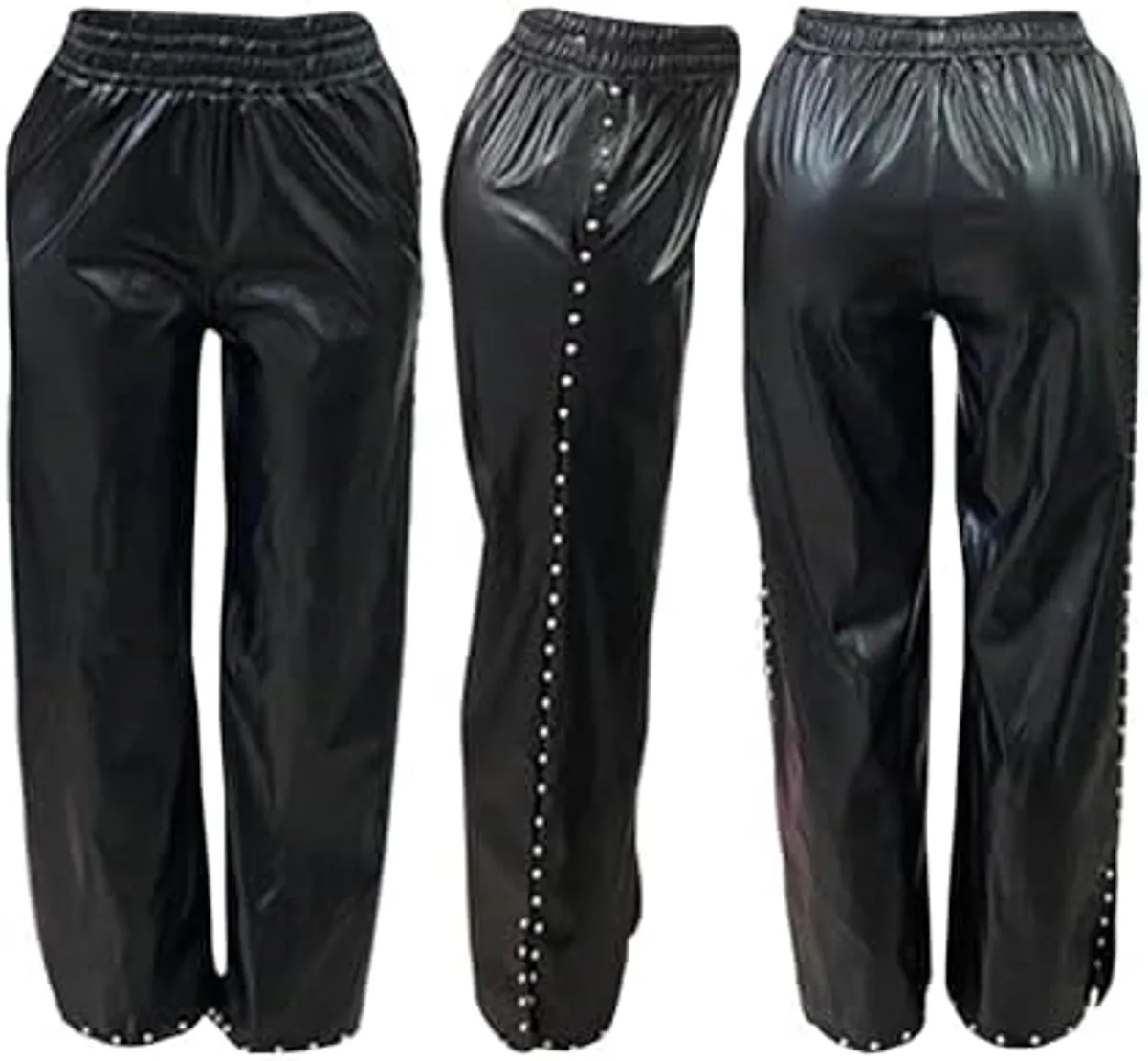 xxxiticat Women's Faux Leather Pants High Waisted Elastic Pearl Trim Side Split Button Down Wide Leg PU Leather Trousers, Size M