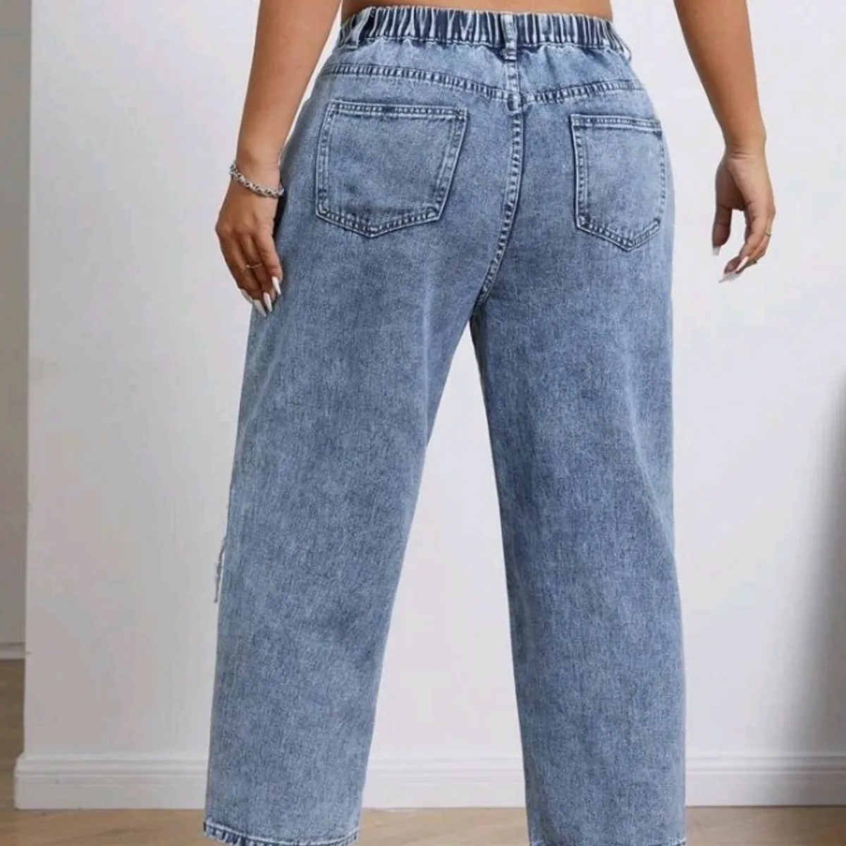 Women's  Light Blue Distressed Tapered Jeans Pants-Size 4Xl