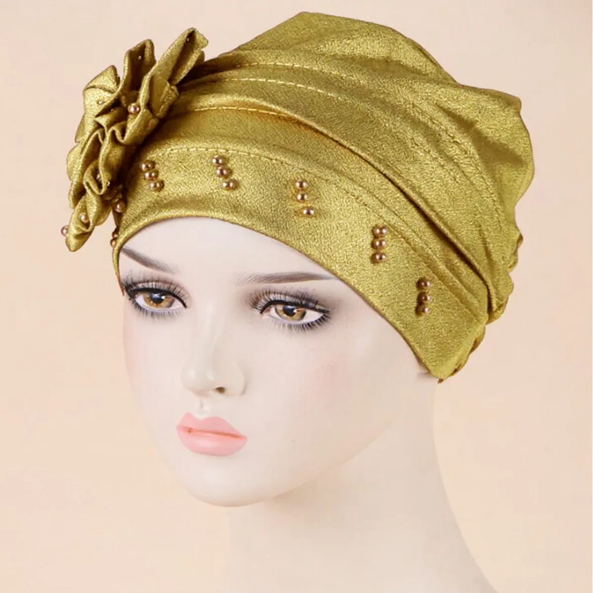 1 Pc Gold Flower and Pearl Decor Head Wrap Bonnet Turban