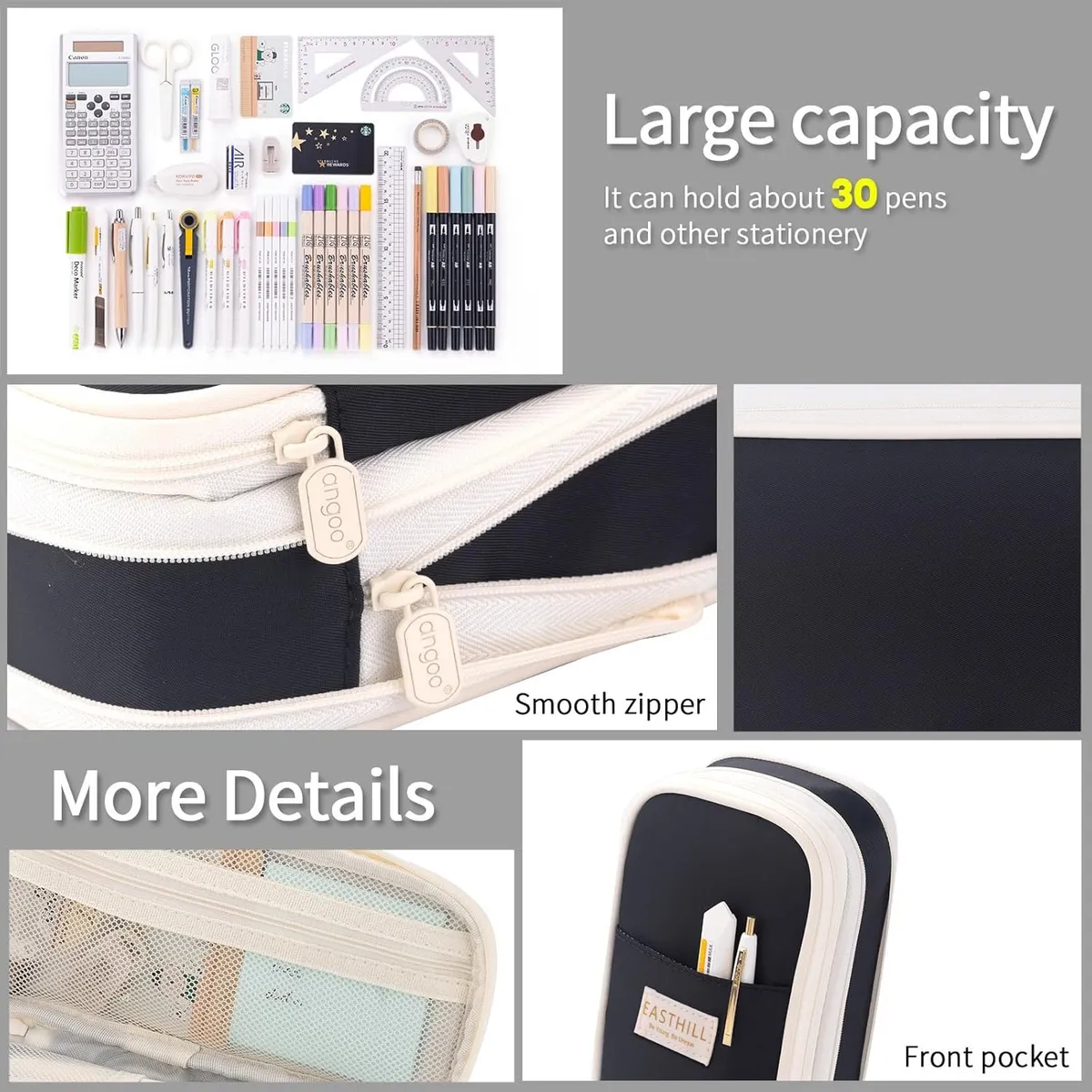 EASTHILL Big Capacity Pencil Case Large Pencil Pouch Stationery Pen Bag for Teen Girls-Black