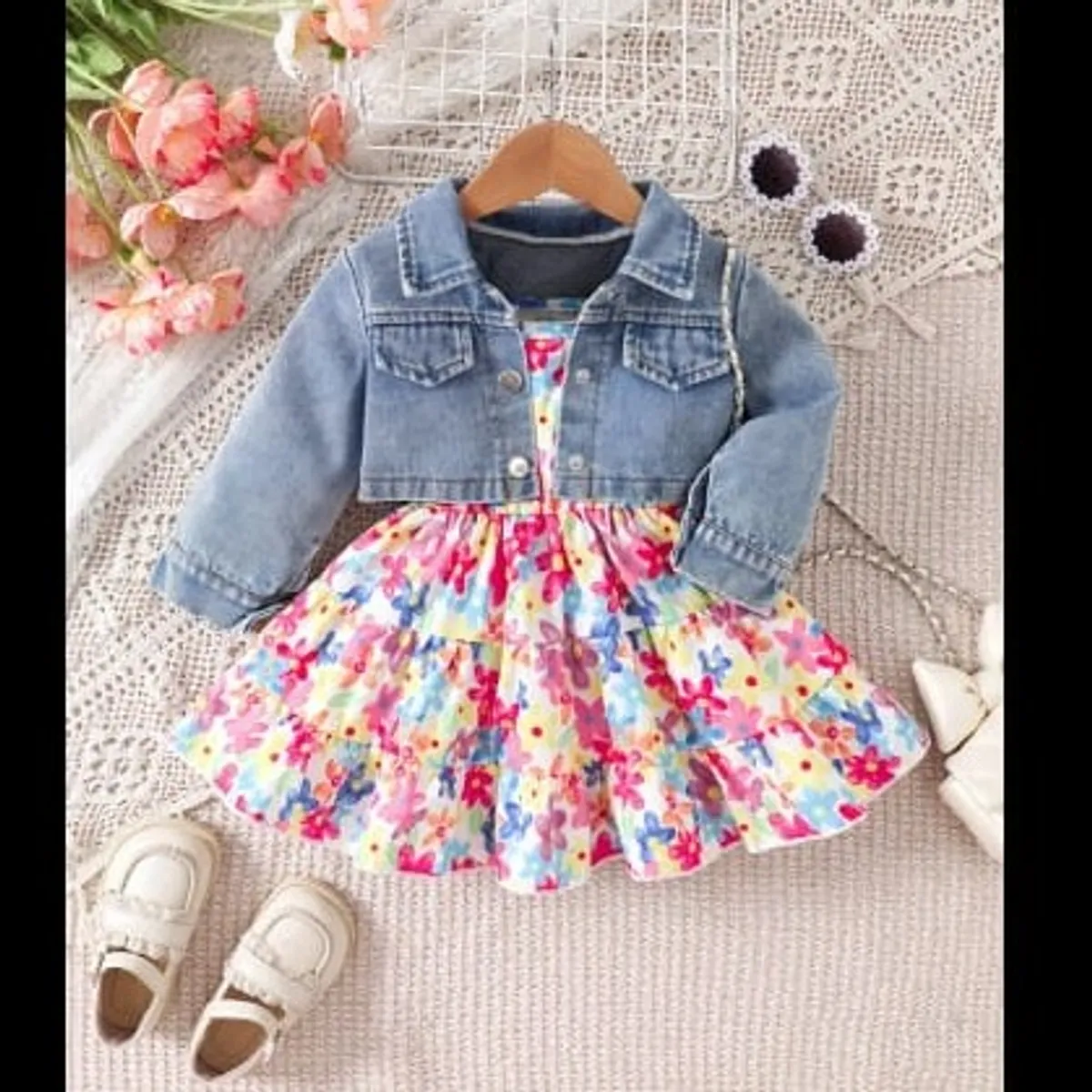 Floral Print Dress And Denim Top Set for Baby Girls - Size 18-24M