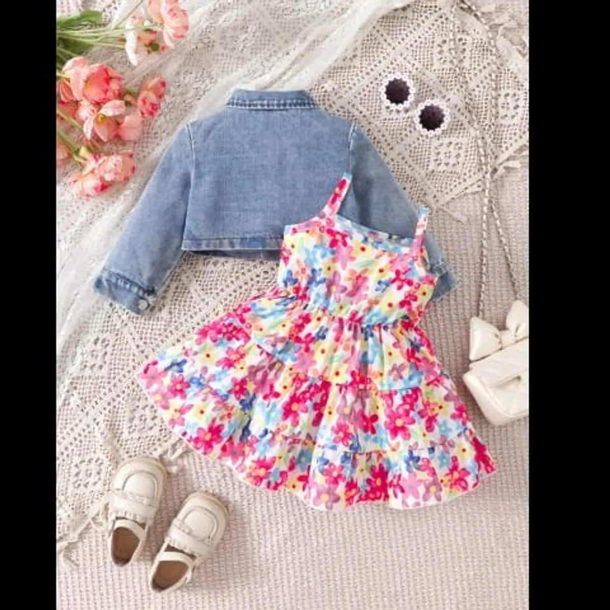 Floral Print Dress And Denim Top Set for Baby Girls - Size 18-24M