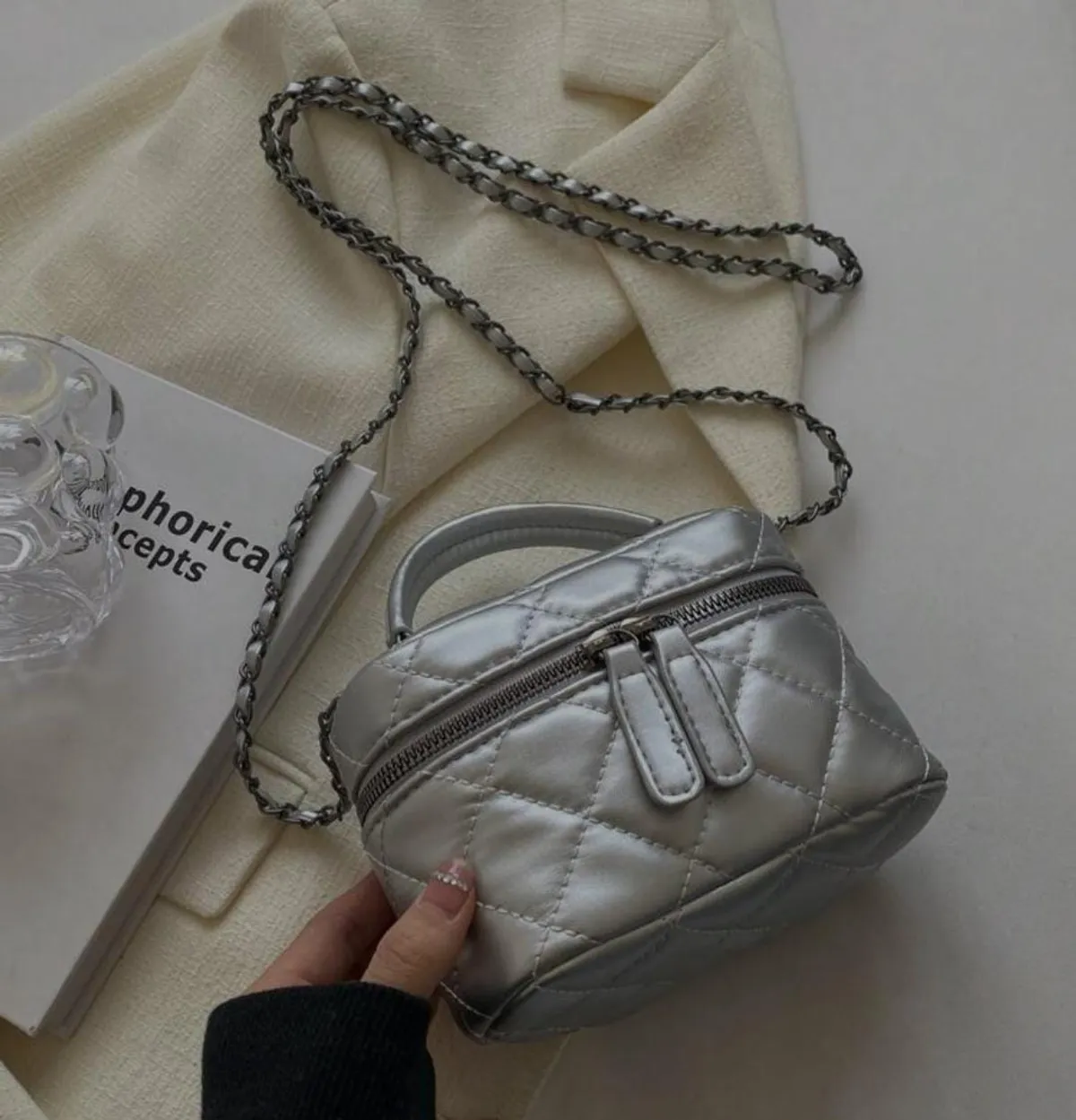 Light Weight Mini Bag Silver Chain Bag, Quilted Bag, Bucket Bag