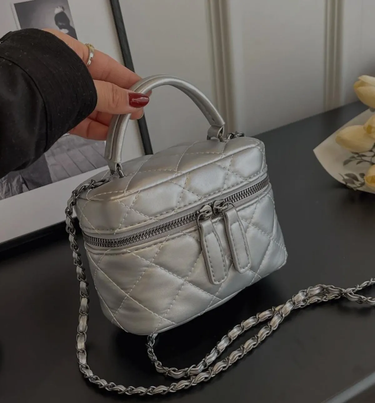 Light Weight Mini Bag Silver Chain Bag, Quilted Bag, Bucket Bag