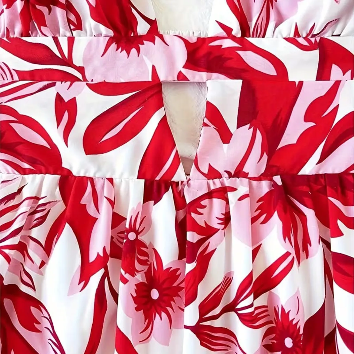 Women's Sexy Deep V Strappy Waist-Revealing Floral Print Mini Dress, Vacation Style Ruffle Hem Dress-Size L