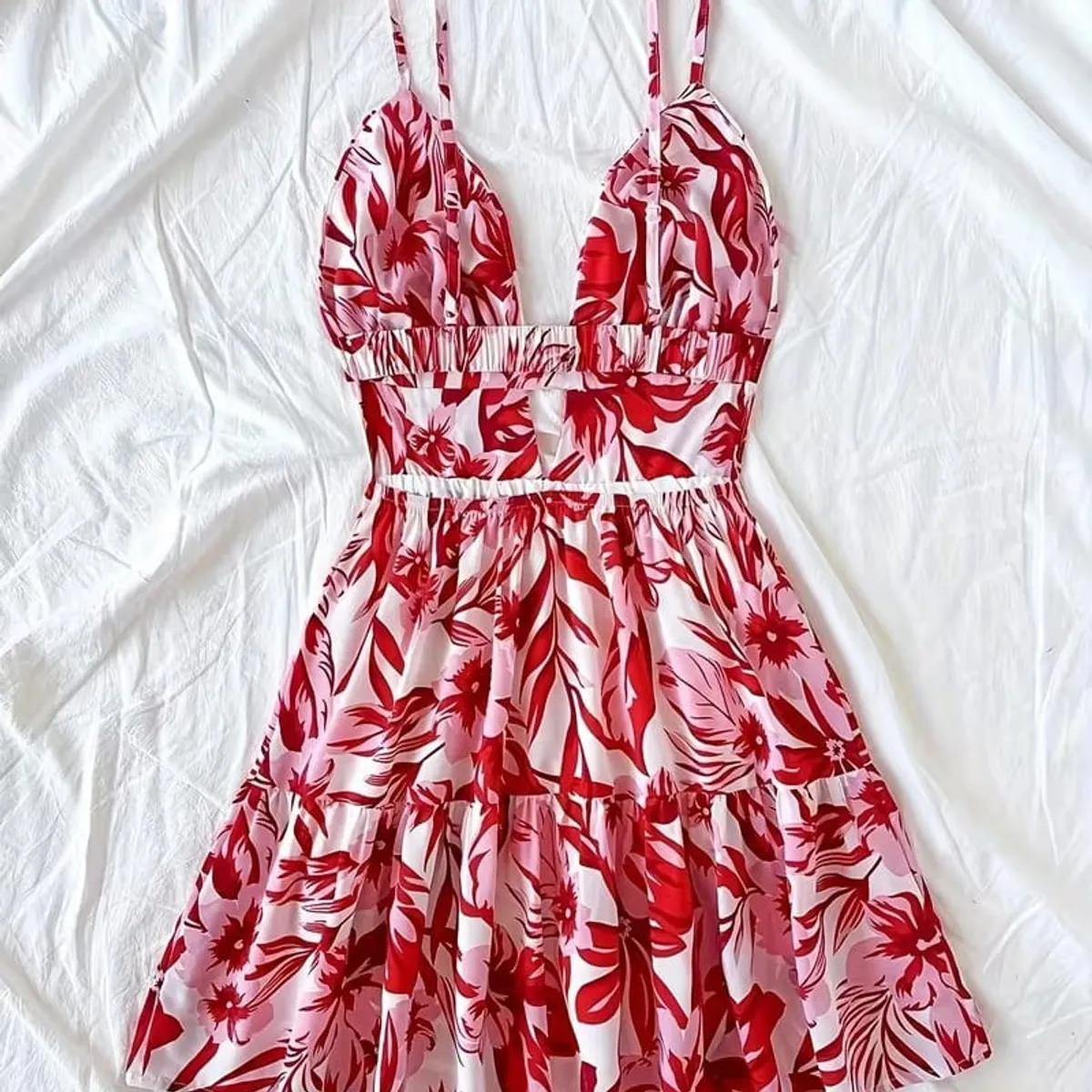 Women's Sexy Deep V Strappy Waist-Revealing Floral Print Mini Dress, Vacation Style Ruffle Hem Dress-Size L